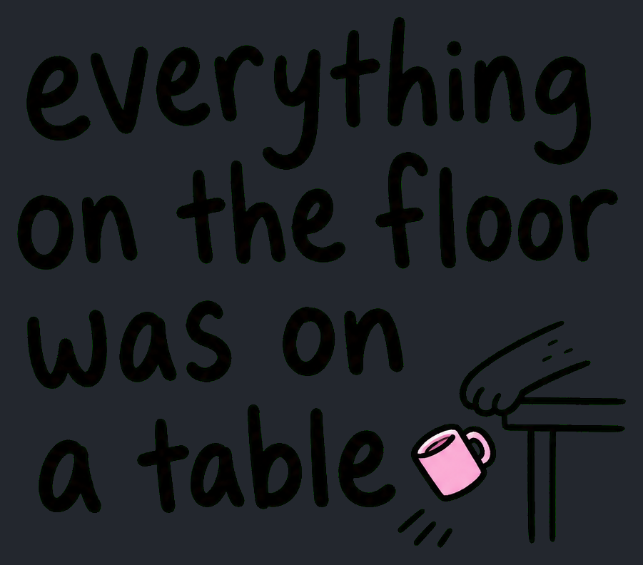 Close-up of the Everything on the Floor Was on a Table artwork