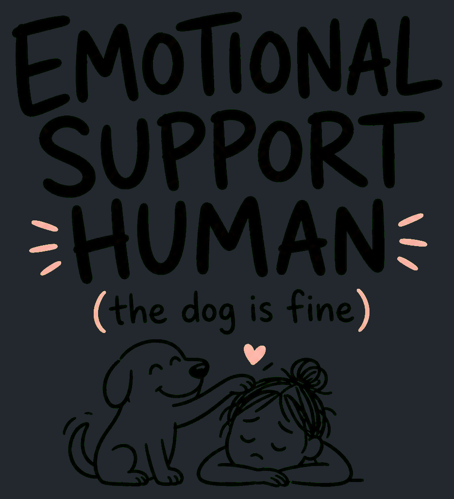 Close-up of the Emotional Support Human artwork