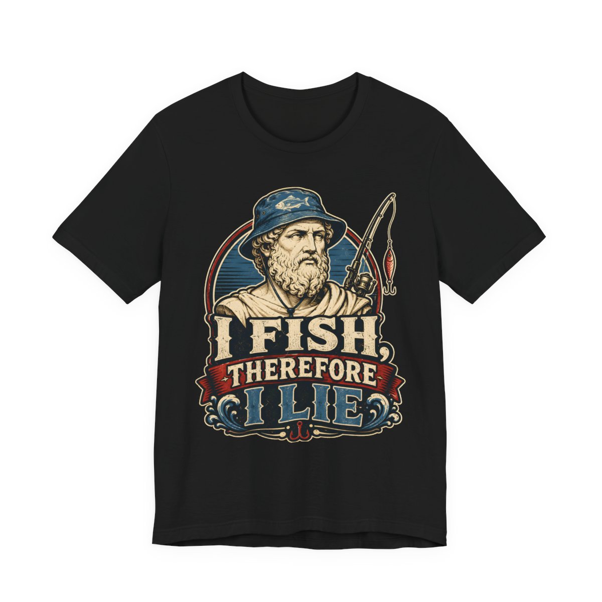 I Fish, Therefore I Lie printed on a black heavyweight tee, front view