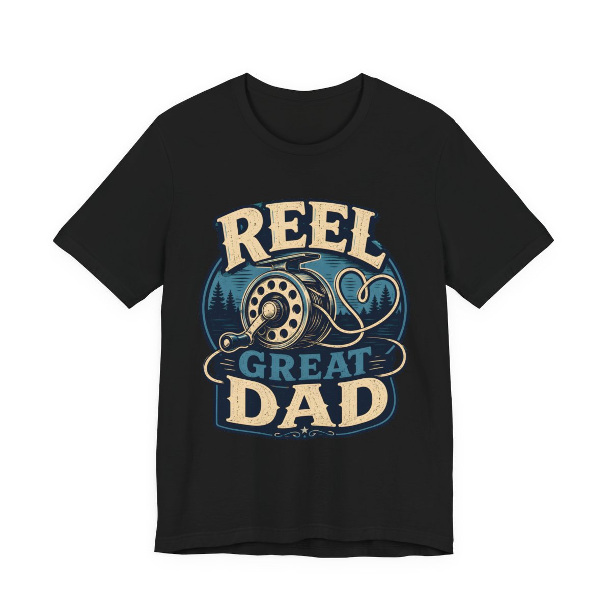 Reel Great Dad printed on a black heavyweight tee