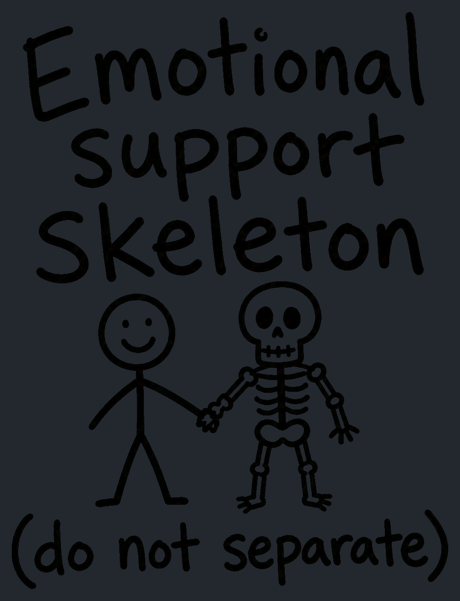 Close-up of the Emotional Support Skeleton artwork