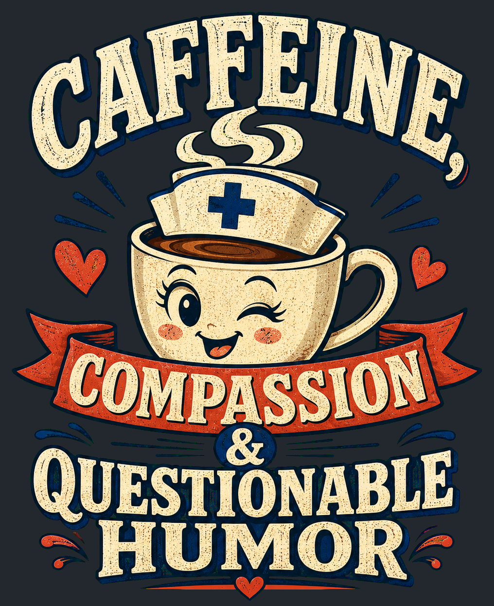 Close-up of the Caffeine, Compassion & Questionable Humor artwork