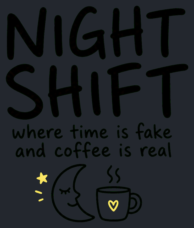 Close-up of the Night Shift — Where Time Is Fake and Coffee Is Real artwork