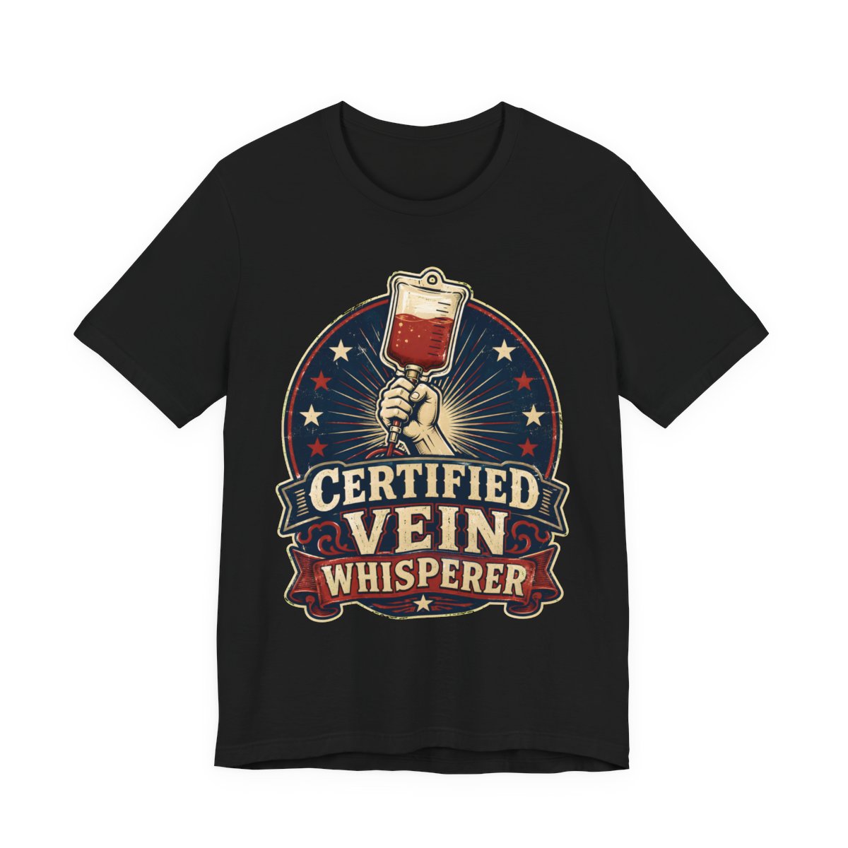 Certified Vein Whisperer printed on a black heavyweight tee, front view