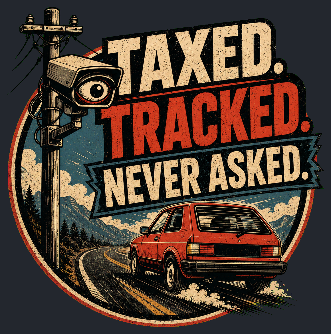 Close-up of the Taxed. Tracked. Never Asked. artwork